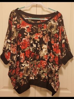 Ashley Stewart Black Floral Dolman Tunic with Red Roses